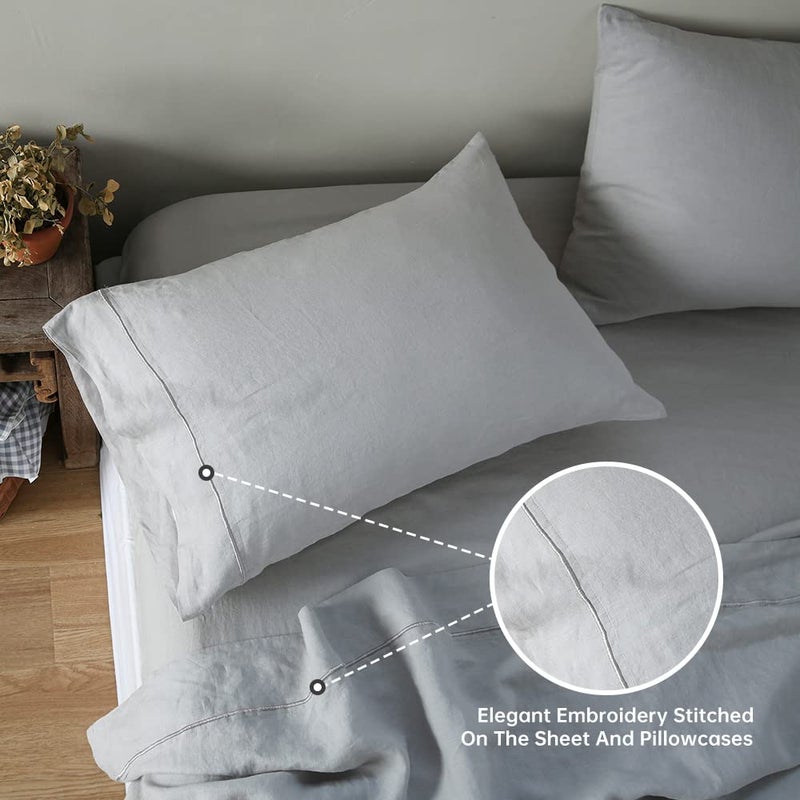 Simple&Opulence 100% Linen Sheet Set with Embroidery Washed - 4 Pieces (1 Flat Sheet & 1 Fitted Sheet & 2 Pillowcases) Natural Flax Soft Bedding Breathable Cozy Farmhouse - Light Grey, Queen Size - Image 3